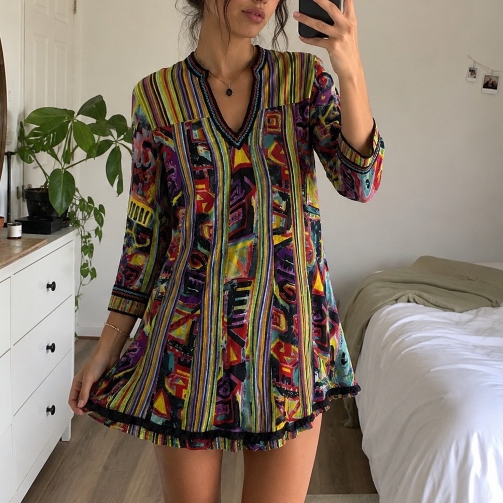 Anu By Natural Multi Color Abstract Geometric Cotton Tunic Dress S artsy boho